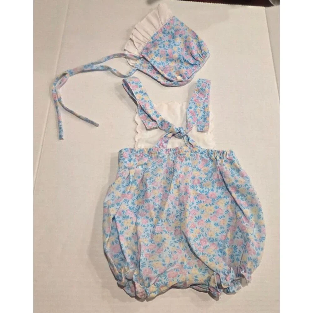 Vintage Blue Floral Romper Overalls with Cats, Matching Bonnet 24 Months
